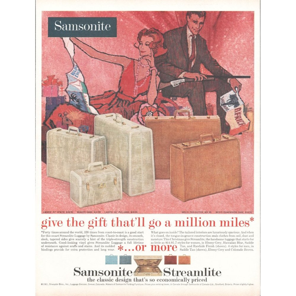 1961 Samsonite Streamlite Luggage Vintage Print Ad Vacation Travel Red Dress 60s